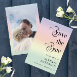 Retro Script Rainbow LGBTQ Photo Gay Pride Wedding Save The Date<br><div class="desc">Surprise your friends & family with these cool,  retro Save the Date invitations,  featuring retro script calligraphy,  rainbow background,  custom photo & text of your choice. Easily add your own info by clicking on the "personalize" option.</div>