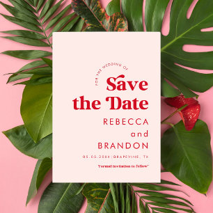 Retro Script Red & Pink Typography Simple Wedding Save The Date