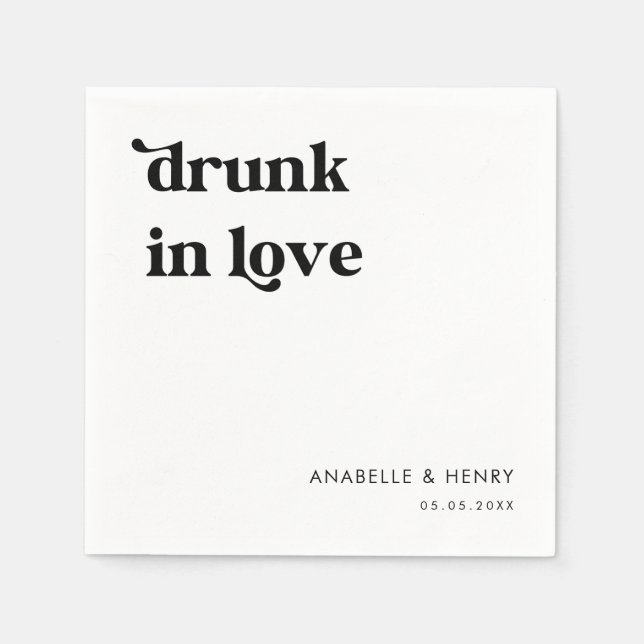 Retro Script Typography Drunk In Love Name Wedding Napkin (Front)