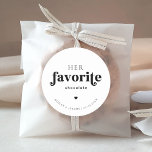 Retro Script Typography Her Favourite Wedding Favo Classic Round Sticker<br><div class="desc">Introduce your guests to your favourite treats with these cute stickers,  featuring retro typography and custom text. Easily add your own details by clicking on the "personalize" option.</div>