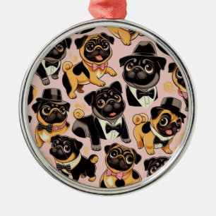 Retro Seamless Cute Pug Metal Ornament