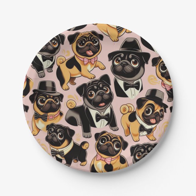 Retro Seamless Cute Pug Paper Plate (Front)