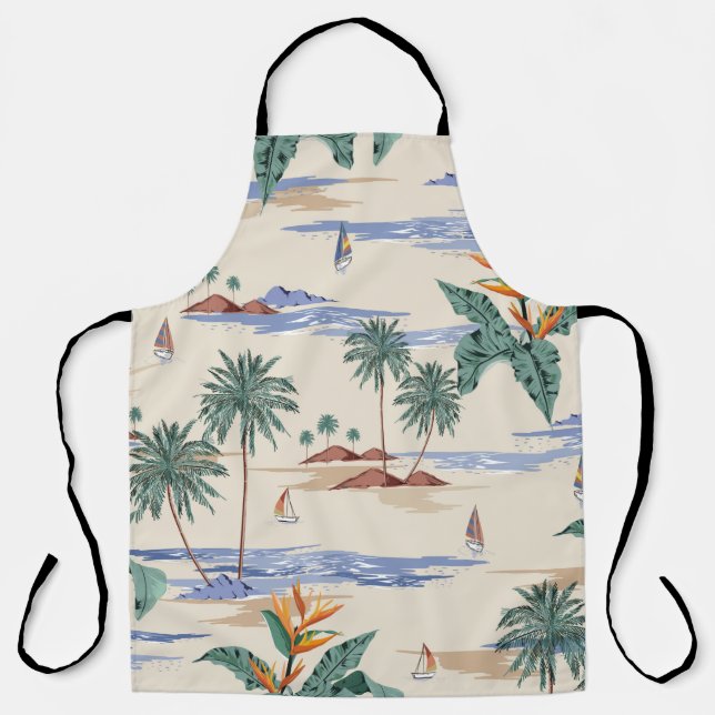 Retro seamless tropical island pattern on light be apron (Front)