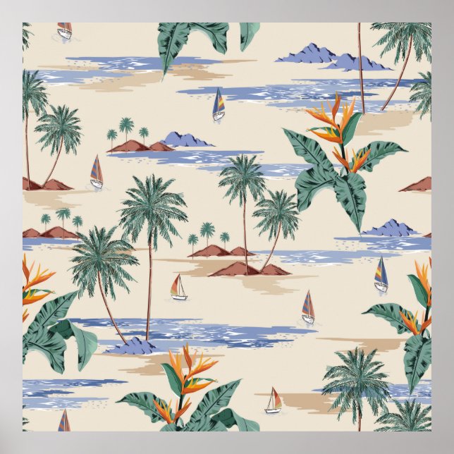 Retro seamless tropical island pattern on light be poster (Front)
