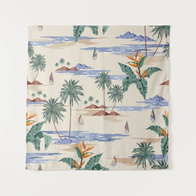 Retro seamless tropical island pattern on light be tapestry (Front)