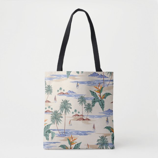 Retro seamless tropical island pattern on light be tote bag (Front)