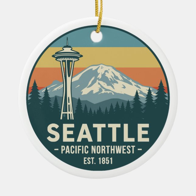 Retro Seattle Pacific Northwest Mt. Rainier Ceramic Ornament (Front)
