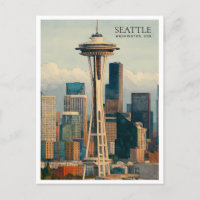 Retro Seattle Skyline Watercolor Postcard Art