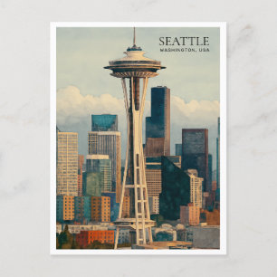 Retro Seattle Skyline Watercolor Postcard Art