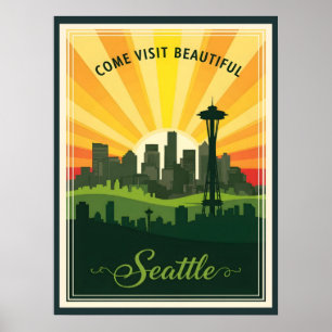 Retro Seattle skyline with space needle at sunset Poster