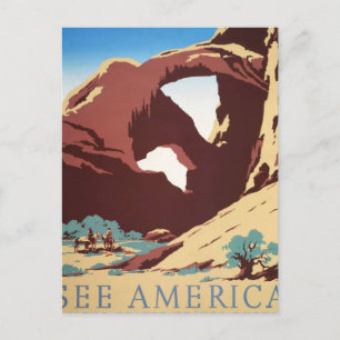 Retro See America Western Cowboys Desert Arch WPA Postcard