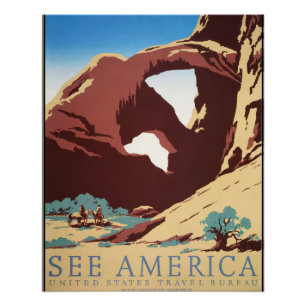 Retro See America Western Cowboys Desert Arch WPA Poster