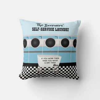 Retro Self-service Laundry They Do The Work Throw Pillow