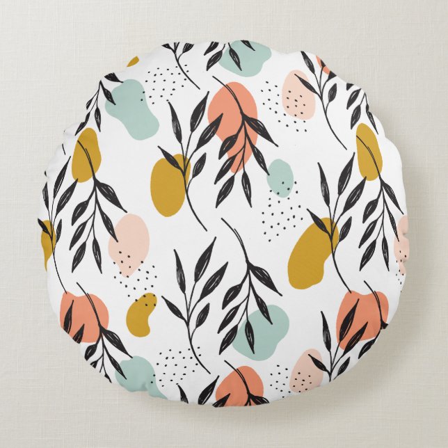 Retro Seventies Abstract Shapes Floral Pattern Round Pillow (Front)