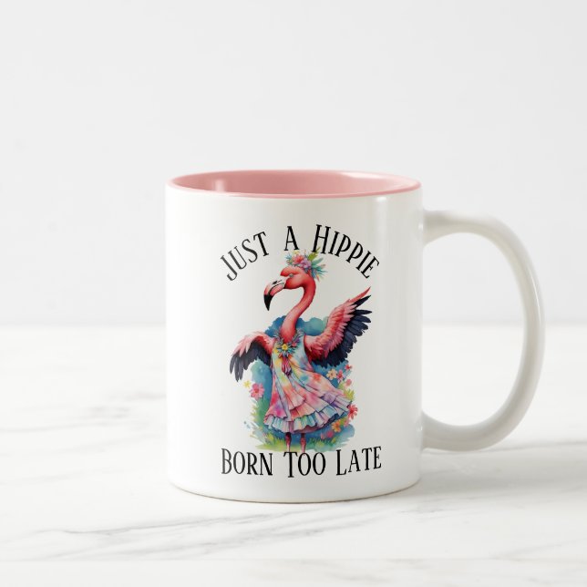 Retro Seventies Hippie Flower Child Funny Flamingo Two-Tone Coffee Mug (Right)