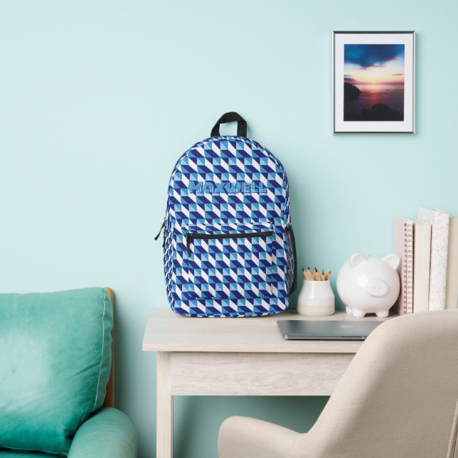Retro Shades of Blue Geometric Abstract Pattern Printed Backpack (Insitu)