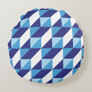 Retro Shades of Blue Geometric Triangle Abstract Round Pillow