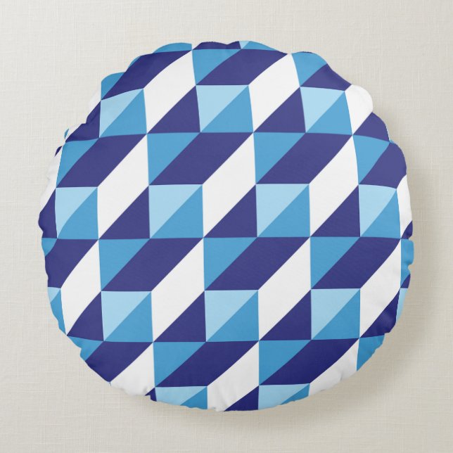 Retro Shades of Blue Geometric Triangle Abstract Round Pillow (Front)