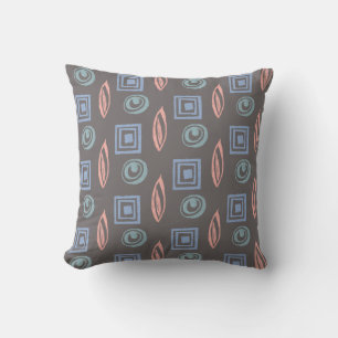 Retro Shapes Pattern Grey Blue Rose Gold Throw Pillow