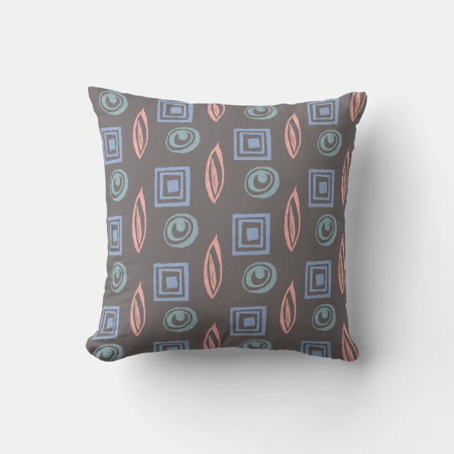 Retro Shapes Pattern Grey Blue Rose Gold Throw Pillow (Front)