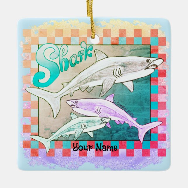 Retro Sharks Ceramic Ornament (Front)