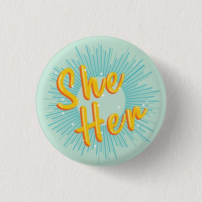 Retro She/Her Pronouns 1 Inch Round Button (Front)