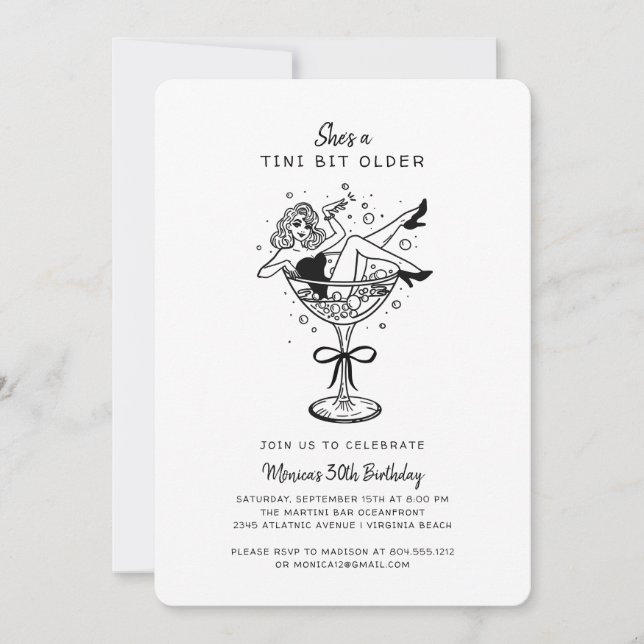 Retro She's a Tini Bit Older Hand drawn Birthday  Invitation (Front)