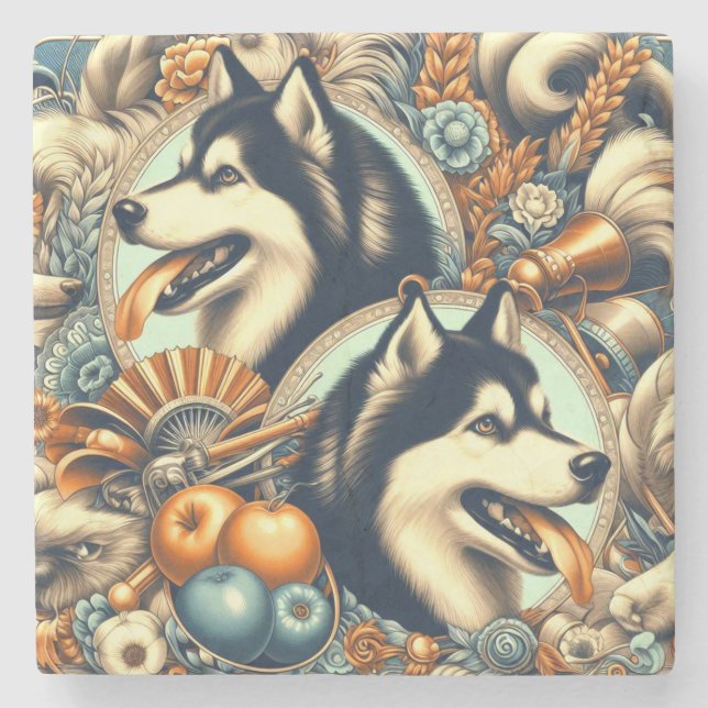 Retro Siberian Husky Illustration Stone Coaster (Front)