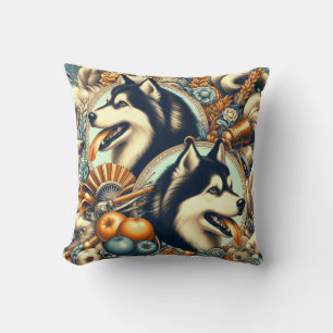Retro Siberian Husky Illustration Throw Pillow