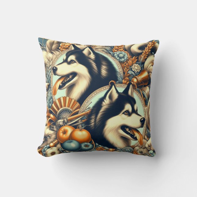 Retro Siberian Husky Illustration Throw Pillow (Front)