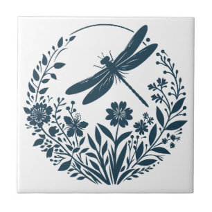 Retro Silhouette Dragonfly with Flowers Tile