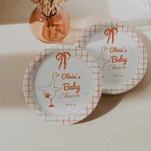 Retro Silly Goose Hand Drawn Ribbon Baby Shower Paper Plate