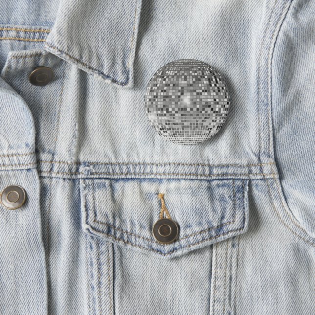 Retro Silver Disco Ball - Sparkle Pin Button (In Situ)