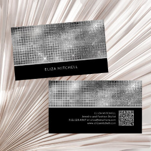 Retro Silver Grey Disco Ball Mirror QR Code Business Card