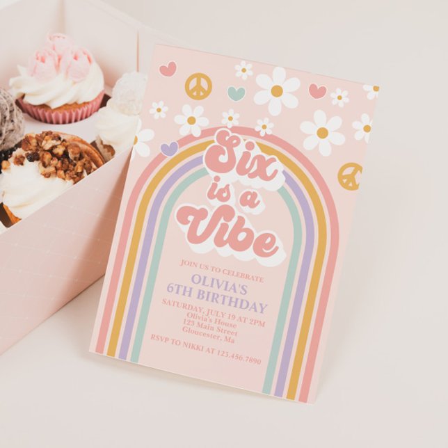 Retro Six is a Vibe Rainbow 6th Birthday Invitation (Creator Uploaded)