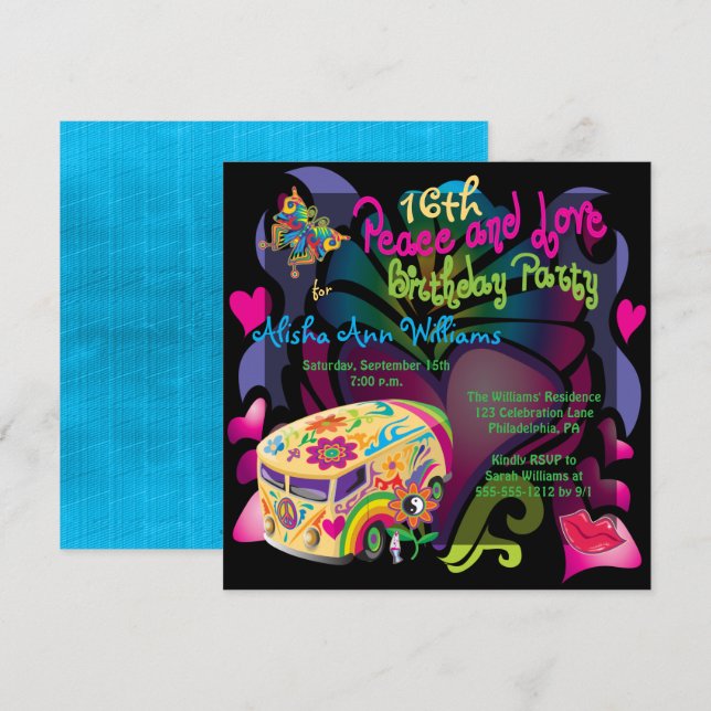 Retro Sixties Peace and Love 16th Birthday Party Invitation (Front/Back)