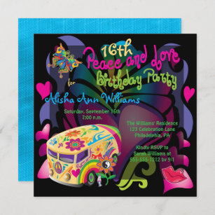 Retro Sixties Peace and Love 16th Birthday Party Invitation
