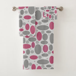 retro, sixties, polka dots, grey and pink bath towel set