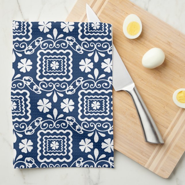 retro sixties white blue floral pattern kitchen towel (Quarter Fold)