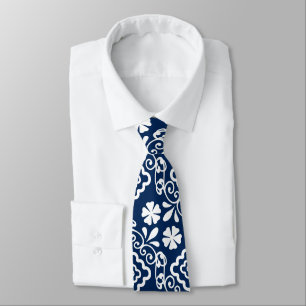 retro sixties white blue floral pattern tie