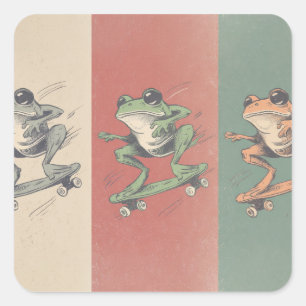 Retro Skate Frog Trio – Vintage Animal Art Square Sticker