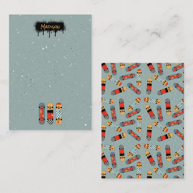 Retro Skateboard Blue Cool Custom Name Kids Card (Front/Back)