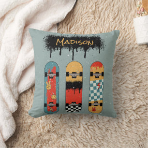 Retro Skateboard Blue Cool Custom Name Throw Pillow