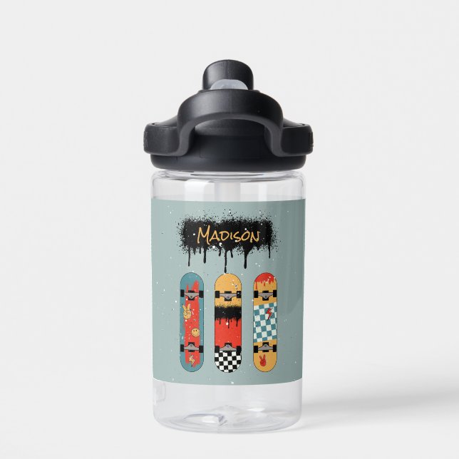 Retro Skateboard Blue Cool Custom Name Water Bottle (Back)