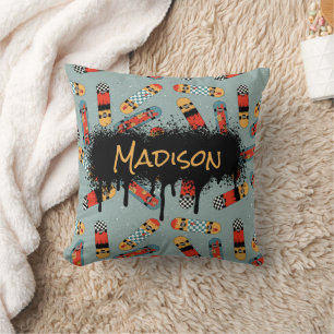 Retro Skateboard Blue Cool Pattern Custom Name Throw Pillow