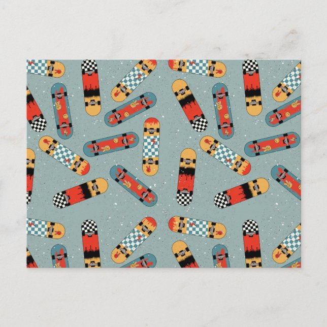 Retro Skateboard Blue Cool Pattern Holiday Postcard (Front)