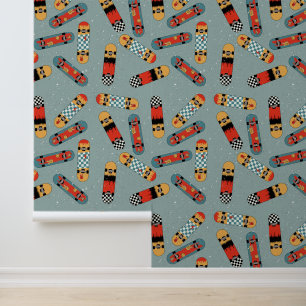 Retro Skateboard Blue Cool Pattern Kids Wallpaper
