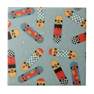 Retro Skateboard Blue Cool Seamless Pattern Tile