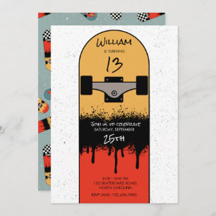 Retro Skateboard Blue Cool Skateboarder Birthday  Invitation