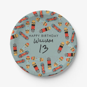 Retro Skateboard Blue Cool Skateboarding Birthday Paper Plate